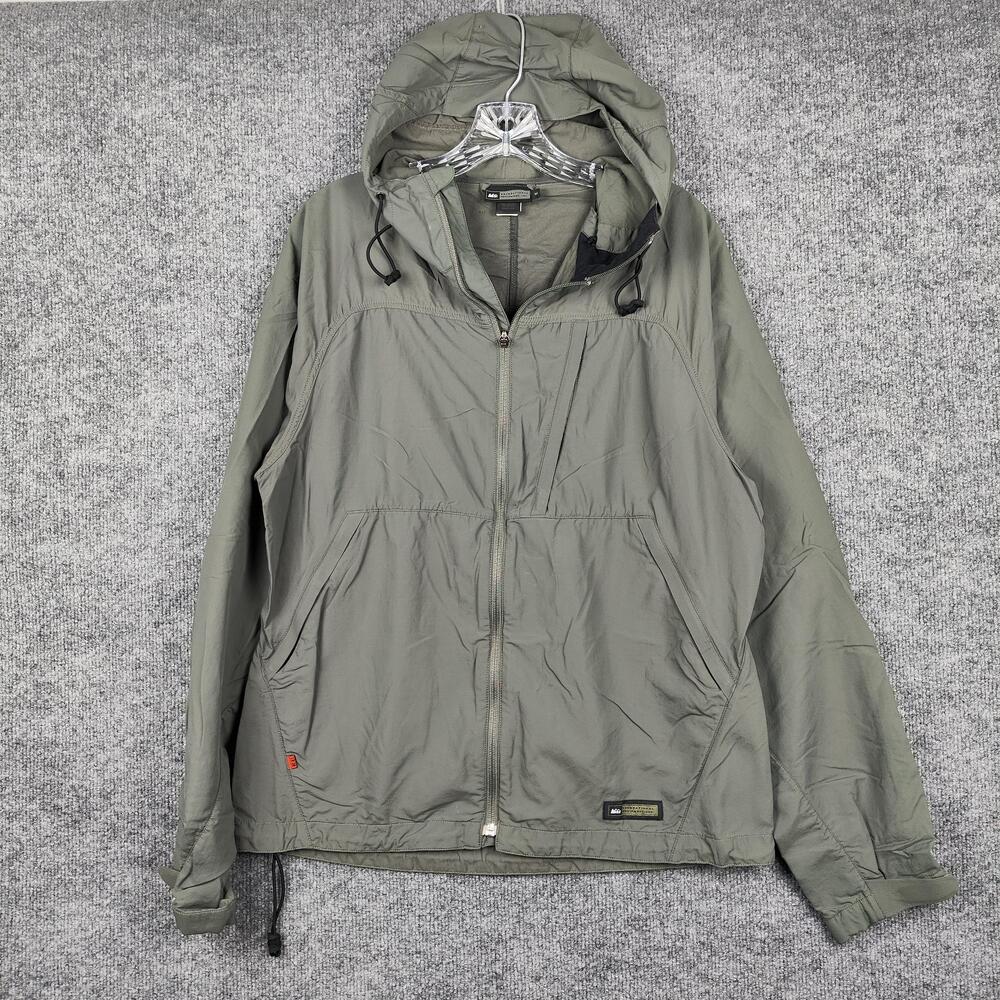 REI Jacket Mens Medium Green Hooded Full Zip Lightweight Windbreaker Hiking